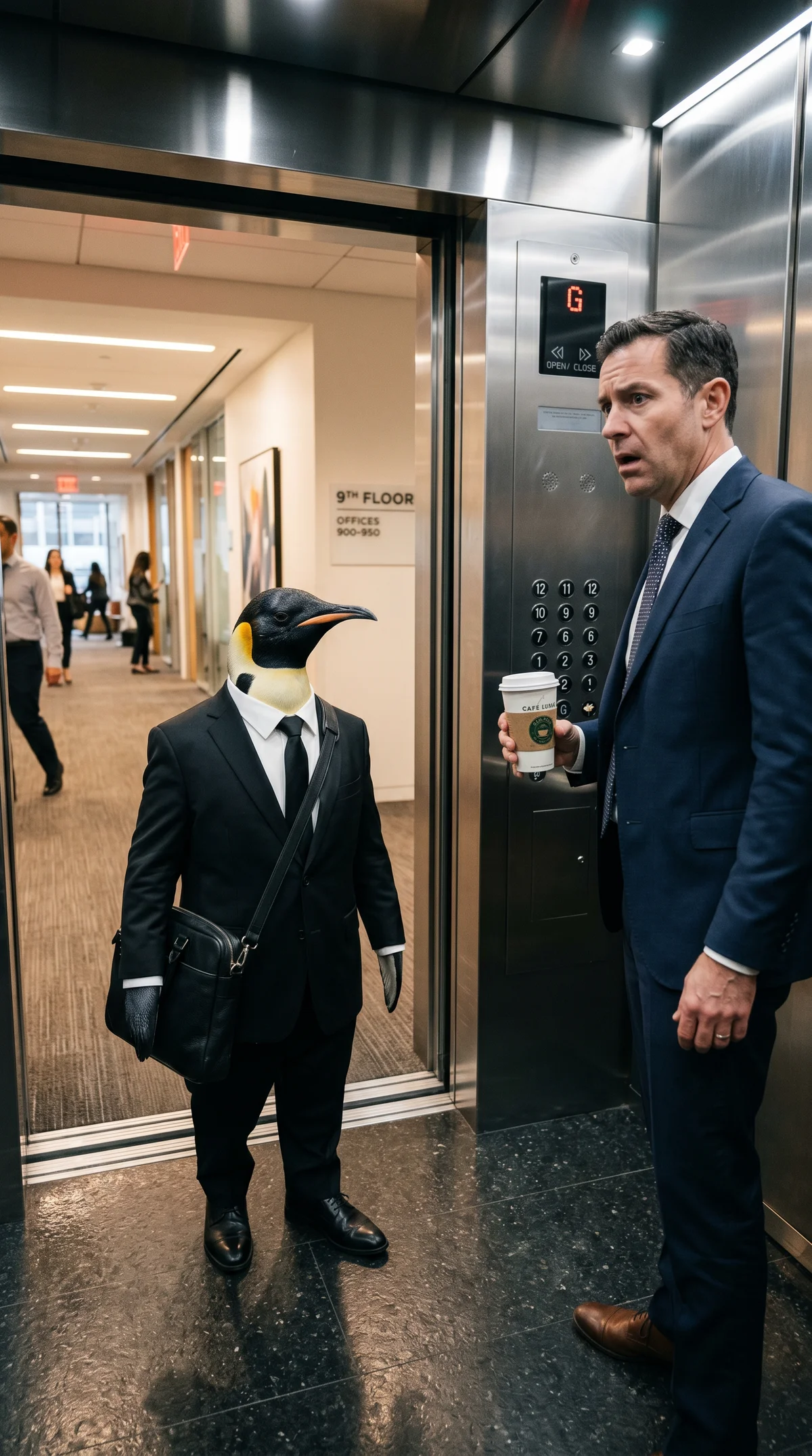 Create a Surreal Penguin Businessman Elevator Scene