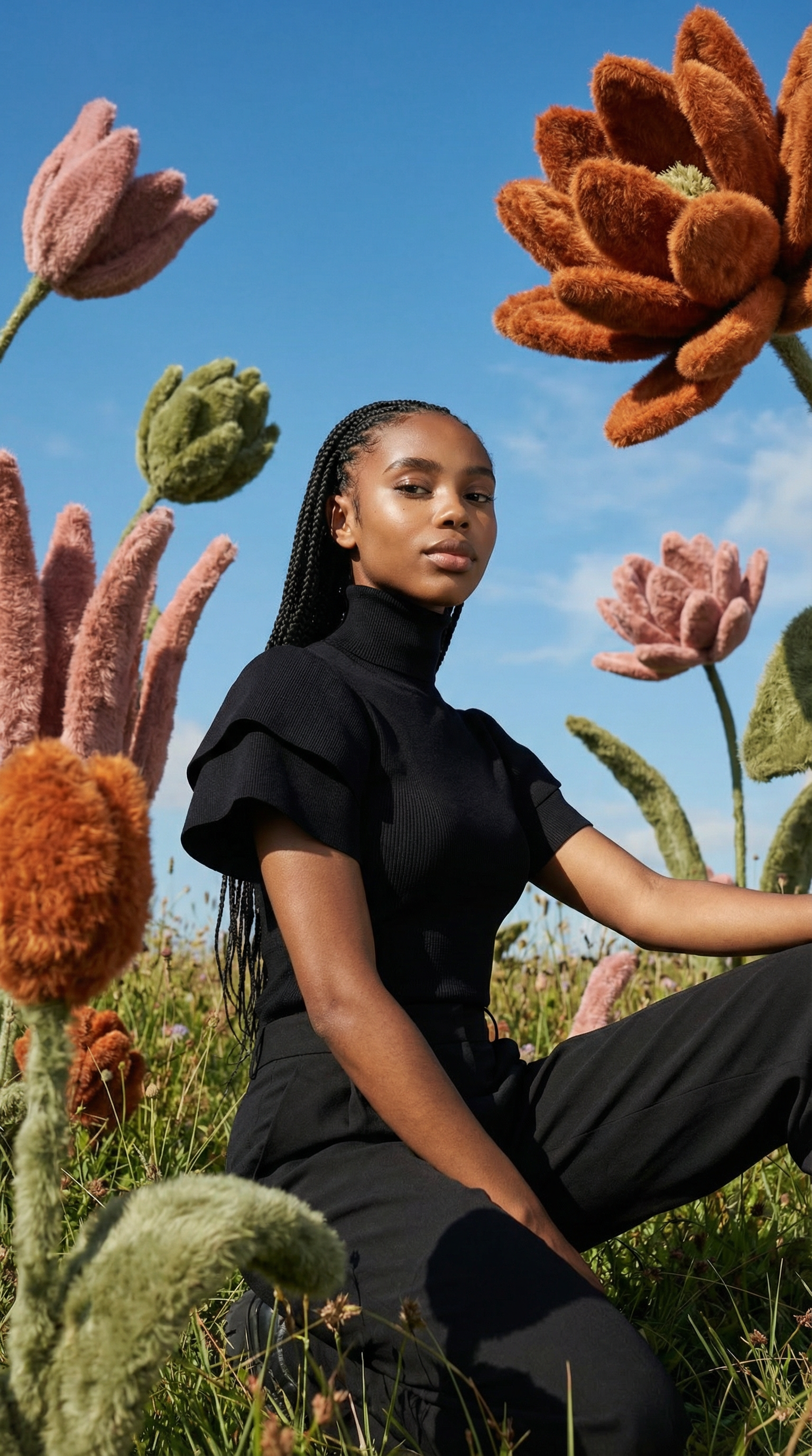 Fashion Editorial Portrait in Surreal Floral Meadow