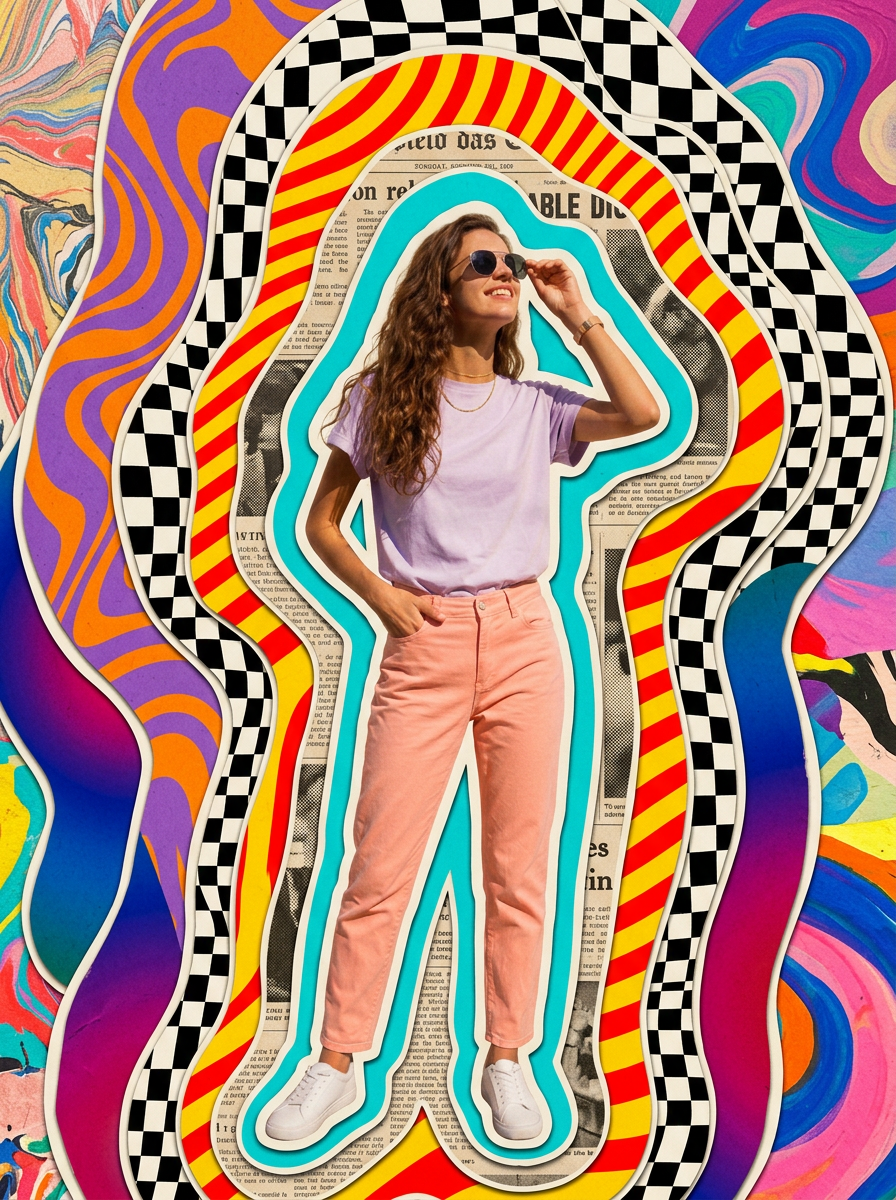 Retro Collage Portrait with Wavy Pop Layers