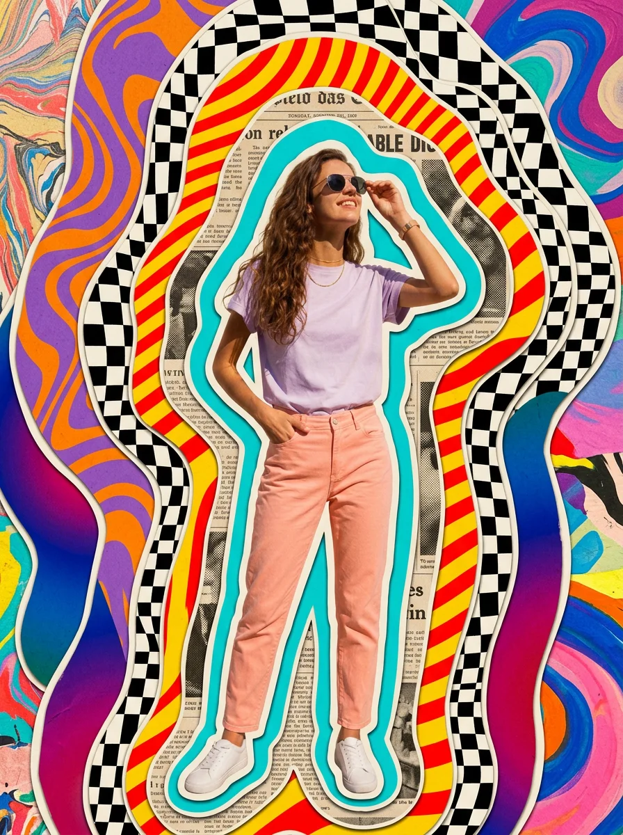 Retro Collage Portrait with Wavy Pop Layers