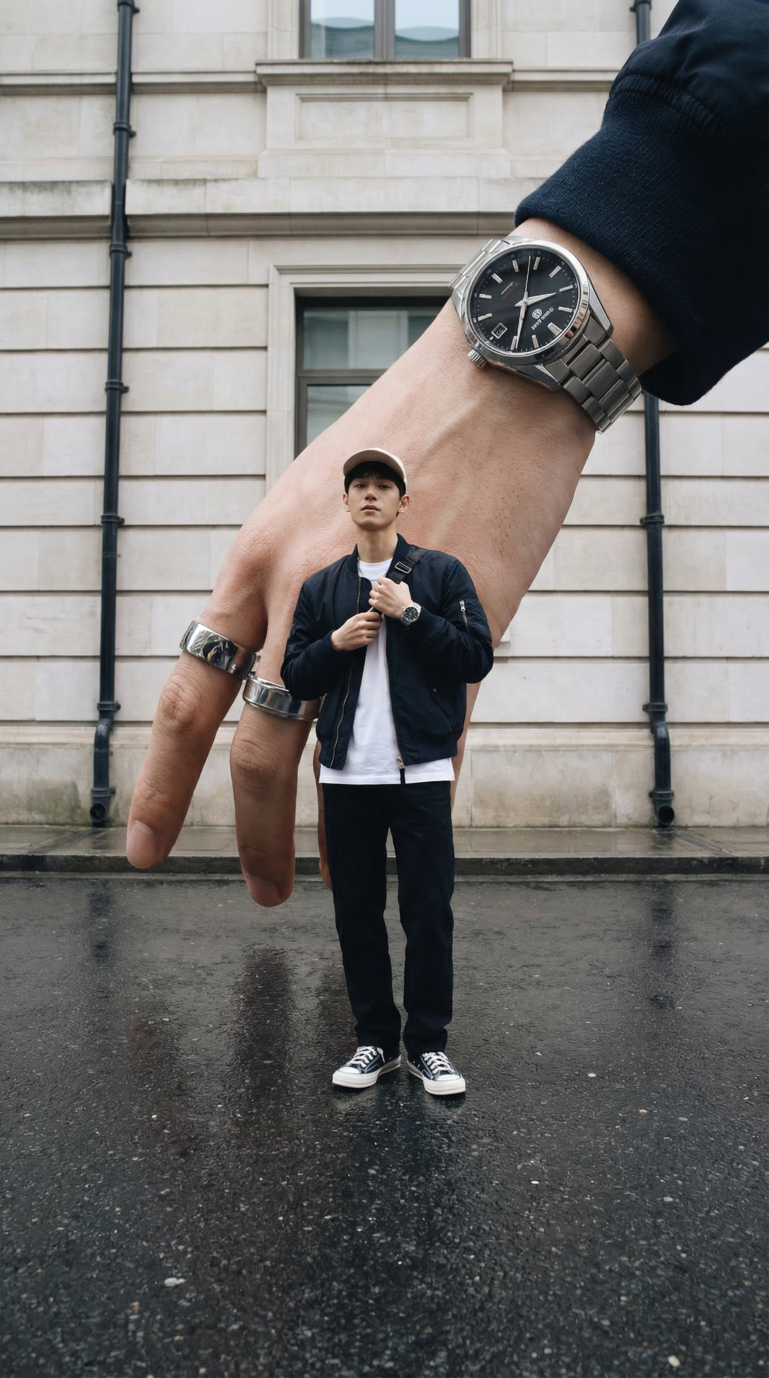 Forced Perspective Giant Hand Fashion Portrait